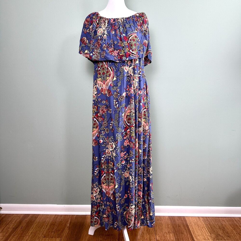 Pyramid Collection Maxi Dress Floral Ruffle On Off Shoulder Womens XL Boho Rayon